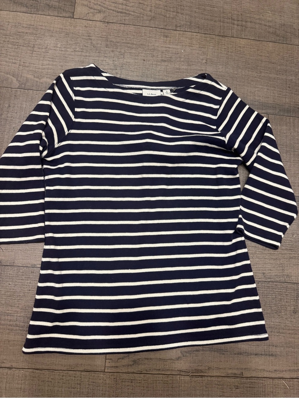 L.L. Bean Navy and White Striped Boatneck Long Sleeve Top
